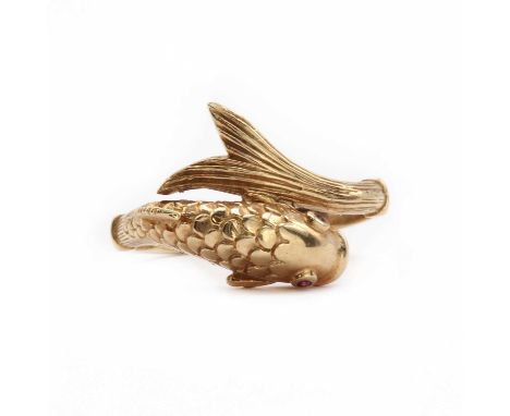 A 9ct gold Koi fish ring,the crossover design ring, in the form of koi fish or carp, with ruby eyes, to a 'D' section shank, 