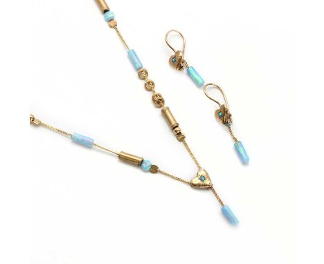 A gold opal necklace and earrings suite,comprising an opal drop satellite necklace, with an opal bead drop to a gold curb lin