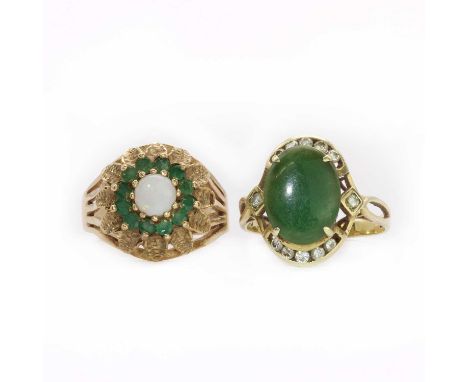 Two gold rings,comprising a 9ct gold opal and emerald floral cluster ring, with a round cabochon opal, claw set to a surround