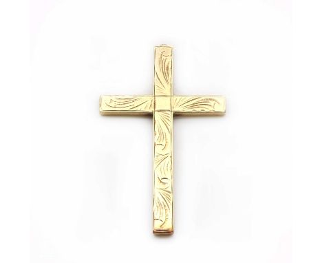 A gold engraved cross,with a hand engraved fluted pattern and border, to plain sides and back, jump ring and bale vacant, 34.