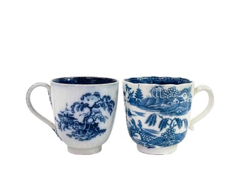 An 18th century blue and white coffee can, probably Liverpool. With snake handle and printed Chinoiserie landscape, height 6c