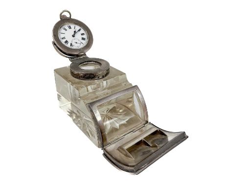 An Edwardian combined silver mounted glass watch holder, stamp box and inkwell. By J. Grinsell and Sons, Birmingham 1909, the