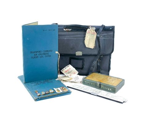 An RAF flight navigation bag and contents. To include various enamel badges, three flight log covers, a Shackleton M.R. MK 1 