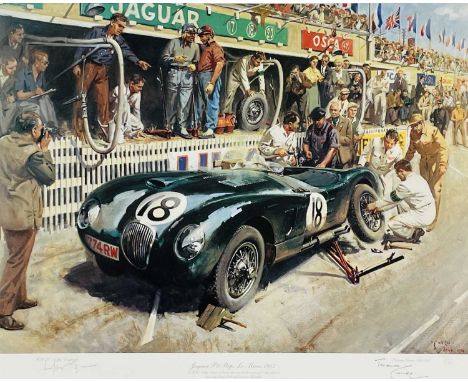 Terence Cuneo. Jaguar pit stop - Le Mans 1953 limited edition print 737/850 signed in graphite, 62cm x 49cm, with various ass