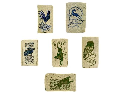 Eight ceramic poetry wall plaques by Iris Milward.  The largest meaures; Height 37cm, width 24cm, depth 1cm, the smallest mea