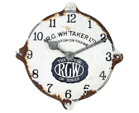 An advertising enamel sign R.G. Whitaker Ltd In the form of a clock, width 24cm.