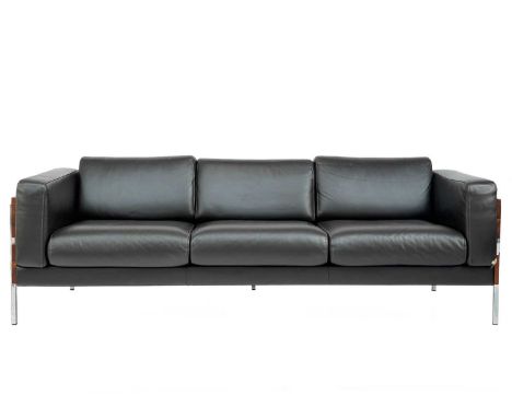A Robin Day for Habitat three seater leather and teak sofa. Height 71cm width 205cm depth 82cm.All joints are firm and robust