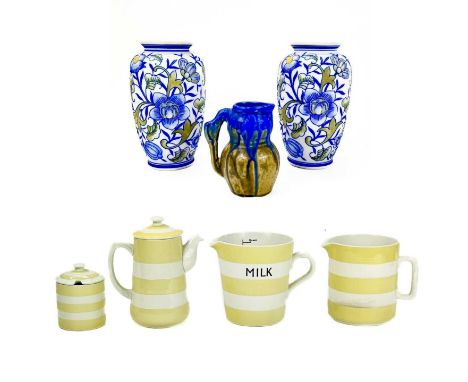 T.G Green yellow Cornishware. To include a milk jug, coffee pot, preserve pot and cover, and a large jug together with a pair