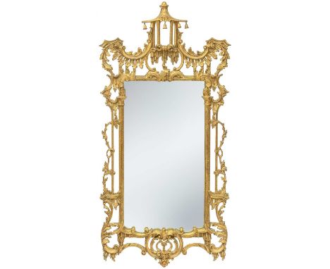 A Chinese Chippendale style carved wood and gilt gesso mirror. Carved with foliate scrolls and pagoda pediment, height 165cm 