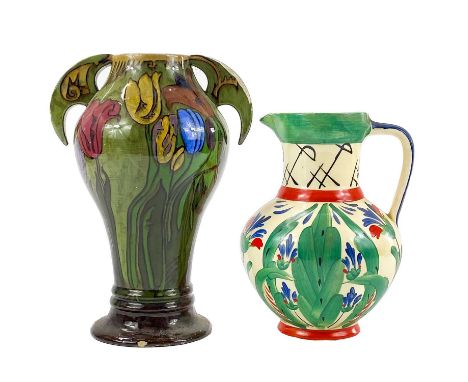 A Dutch De Distel Art Nouveau pottery vase. With twin flattened handles and painted with tulips, painted mark, and number AN 