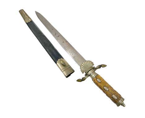 A 20th century German hunting dagger. With antler grip, hunting themed etched blade decoration, length 49cm.