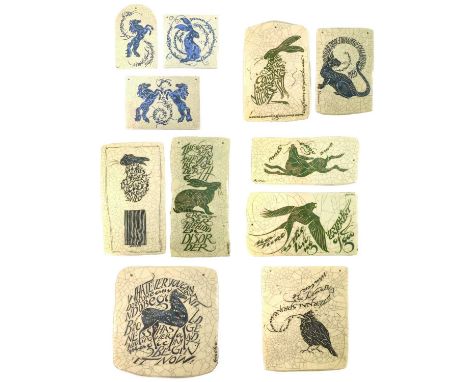 Eleven ceramic poetry wall plaques by Iris Milward and Mel Chambers.  Eight by Iris Milward and three by Mel chambers. The la