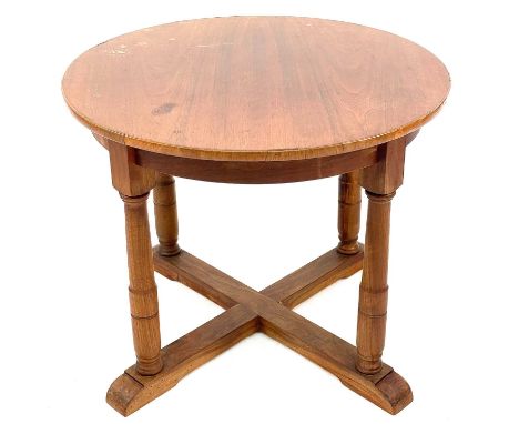 A Robin Nance circular walnut occasional table. Raised on turned square section legs, with an X stretcher, height 49.5cm, dia