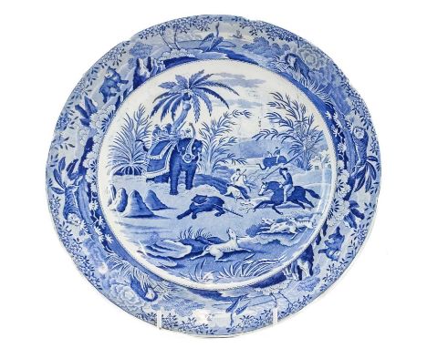 A Clew's blue and white bear hunting plate. Circa 1835, unmarked, diameter 26cm.