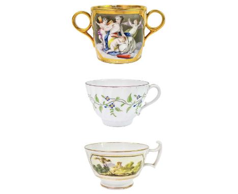 A Chamberlains Worcester porcelain chocolate cup circa 1800. Tapering form with twin ring handles, Love Sleeps painted panel 