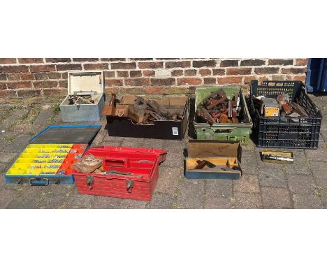 Selection of woodwork tools, including planes, screws etc