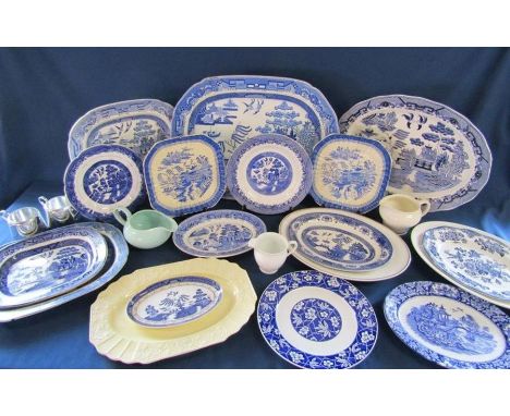 Mixed blue and white table ware including meat plates also green Poole jug