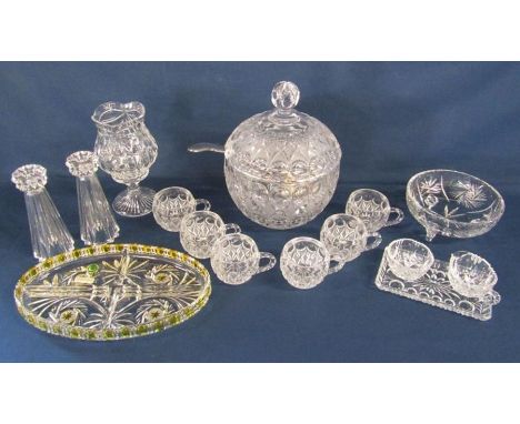 Crystal lidded punch bowl with silver plate ladle and 6 cups, sugar and cream jug on dish, German lead crystal candle holders
