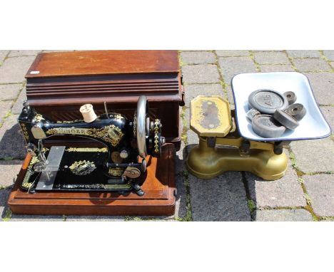 Singer sewing machine (with instructions) and set of scales and weights