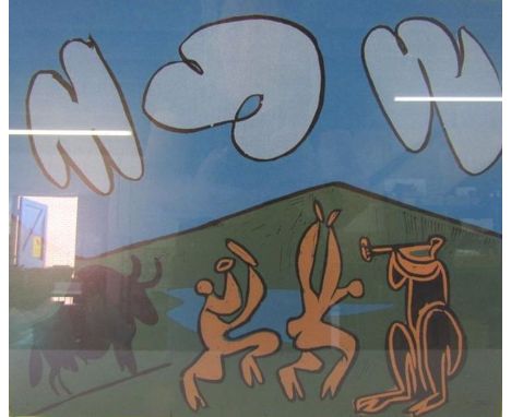 Pablo Picasso offset lithograph of the linocut print entitled 'Bacchanal with Black Bull' published in New York with stamped 