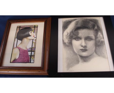 Framed pencil portrait of Joan Bennett by Andrew Fry 2010 &amp; Art Deco style realist portrait in watercolour by Michele J A