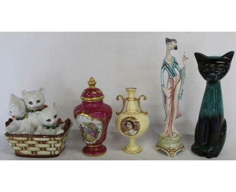 Blue Mountain Pottery cat, Italian cats in basket figurine, Limoges lidded pot, Aynsley Queen Elizabeth Coronation vase, 20th