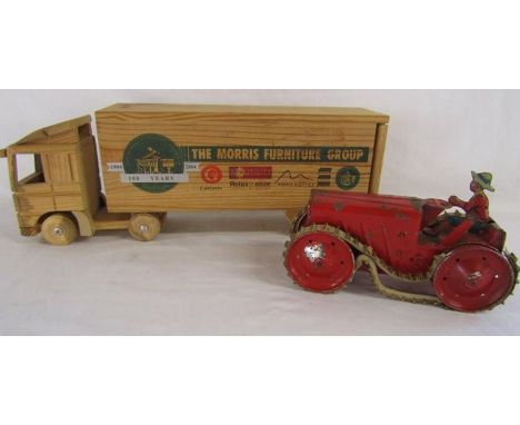Triang clockwork tin tractor No2 and 'The Morris Furniture Group' wooden lorry