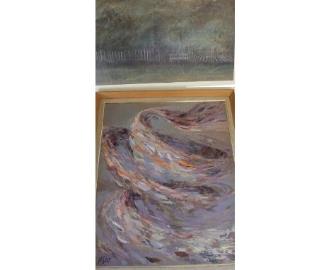 Large oil on canvas "Leaf Swirl" by Norah Sharpley 69cm x 86cm &amp; large framed pastel "Park Bench" by Susan Banks 95cm, x 