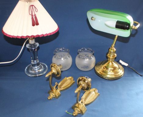 Pair of brass wall mounted light fitments with glass shades, desk lamp &amp; clear glass table lamp