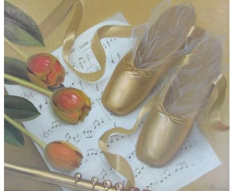 R Peterson oil on canvas with gilded frame depicting ballerina pointe shoes, flute, music and flowers - approx. 75cm x 65cm