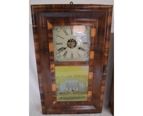 19th century American wall clock by E N Welch with 30 hour twin weight movement with glass panel depicting the new Orleans Op