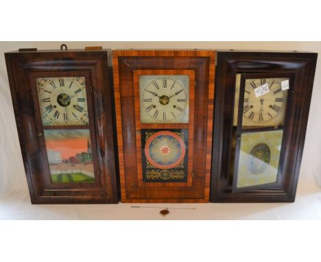 3 American 19th century wall clocks including early Jerome with panel depicting Broadway in the 1840's (missing weights), ano