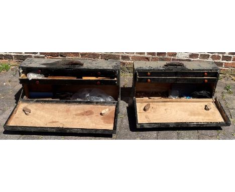 Two wooden tool chests, including various tools and planes