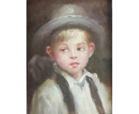 Small oil on brass panel depicting portrait of a young boy, frame dimensions 20cm x 23cm