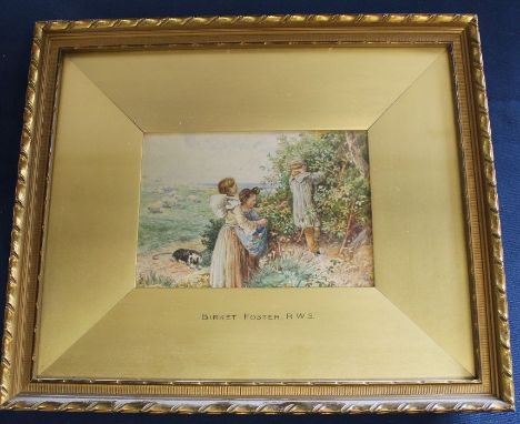 Small gilt framed watercolour "Children Picking Blackberries" by Miles Birket Foster R W S (bearing monogram &amp; name to mo