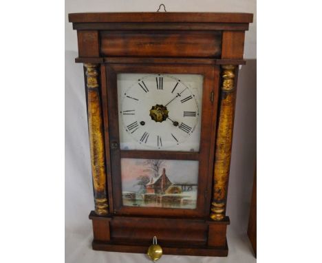 Empire Column American 19th century wall clock with 30 hour weight driven movement by Waterbury Clock Co. with glass panel de