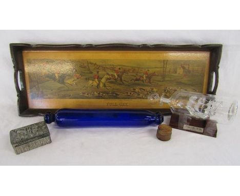 Collection of items to include tray with Full Cry print, ship in a bottle, blue glass rolling pin, ink pot and white metal hi