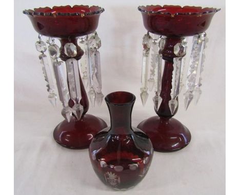 Pair of ruby glass lustres - one showing slight damage - and cased glass vase&nbsp;