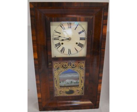 Early 19th century American 30 hour wall clock by Jerome &amp; Co. with two weight driven movement with glass panel depicting