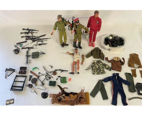 2 Action men figures, Six Million Dollar Man and one other other figure, selection of Action Man clothes, shoes, guns and oth