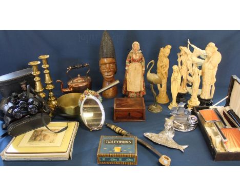 Selection of collectables including Zenith binoculars, Victorian copper kettle, small mahogany box, resin figures, Beatrix Po