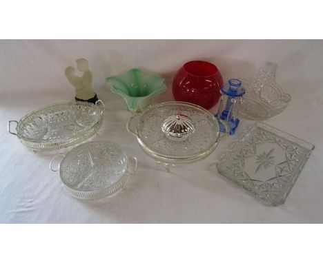 Collection of glassware includes Murano style dish, blue candlestick with lustre drops also a glass effect figure (not glass)