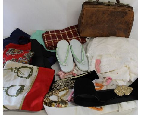 Italian scarf, nurses belt &amp; 3 others, sandals, small leather Gladstone bag etc.