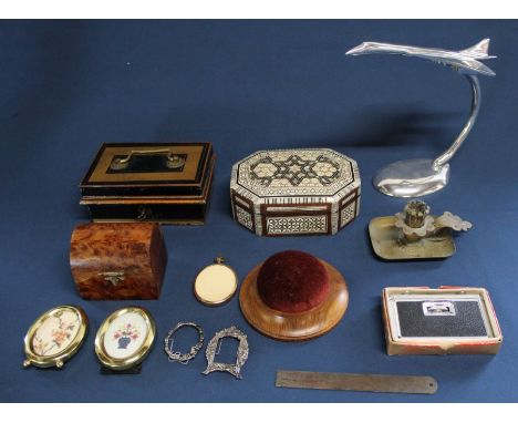 Mother of pearl inlaid box, vintage cash tin, pin cushion, miniature frames, modern desk top model of Concorde, burr wood tri