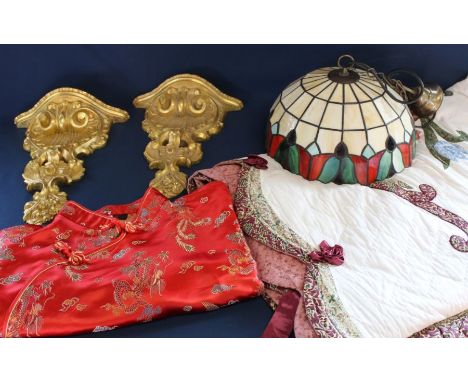 Tiffany style ceiling lamp, modern bed spread, Chinese red dress &amp; 2 resin corbels