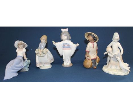 Nao figurine 1042 girl on a rock, 3 Lladro figurines:- Japanese girl with flowers, child carrying water, girl with basket of 