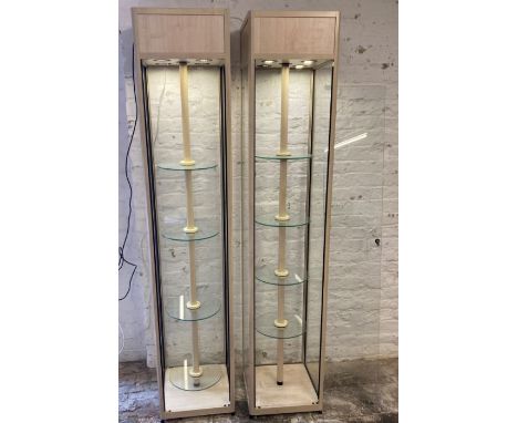 Pair of tall display cabinets with down lighting & rotating shelves Ht 200cm D 40cm (only one rear door panel and missing the