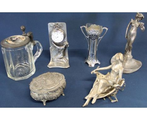 Art Nouveau style decorative pieces including pocket watch stand, vase &amp; figurine, German clear glass stein with pewter l