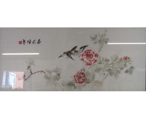 Framed Japanese silk panel with flowers and birds - approx. 94cm x 51cm&nbsp;
