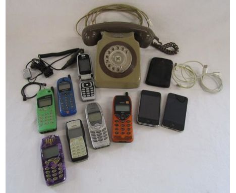 GPO 746 rotary dial telephone and a selection of mobile phones including Nokia, Iphone 3g &amp; 4s and Motorola